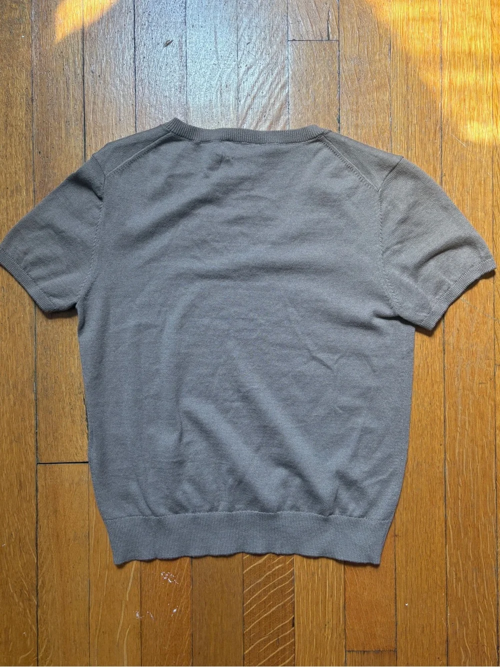 Calvin Klein Short Sleeve V-Neck Knit Top in Taupe Brown